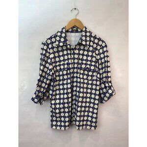J. McLaughlin Chain Print Button Front Blouse Catalina Cloth Blue Yellow Medium
